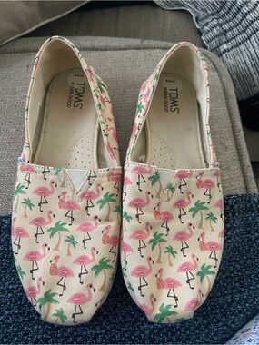 TOMS Canvas Slip-On Shoes with Pink Flamingo & Green Palm Print